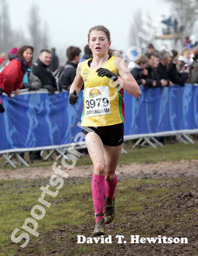 Kate Waugh (North East) on her way to finishing 3rd in the under-15 girls McCain World Cross Country Trials and Inter Counties, Cofton Park, Birmingham.